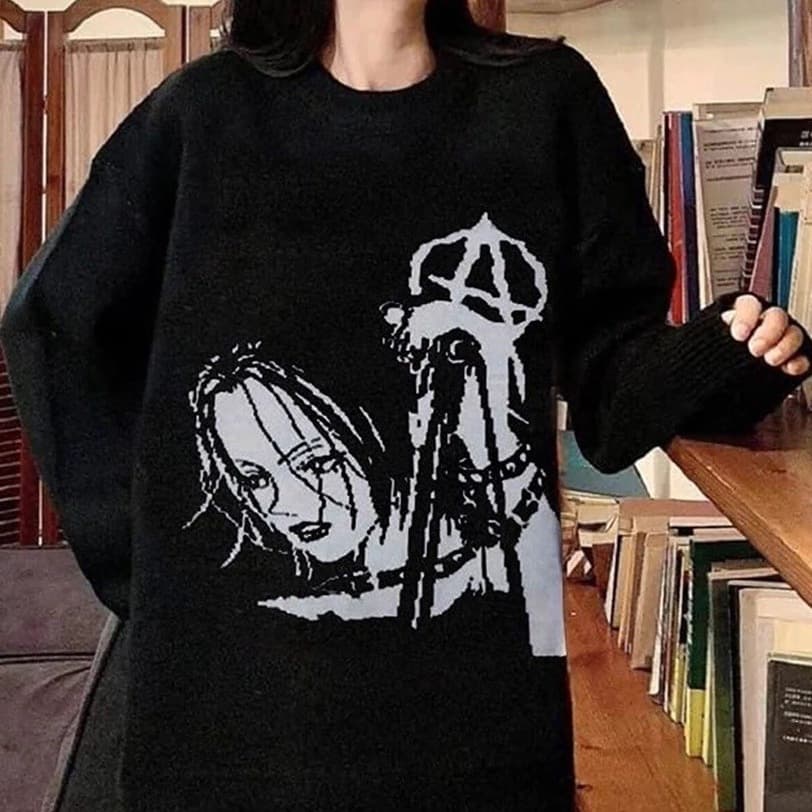 Dark comic girl sweaters for men and women, black and white contrasting colors, loose round neck knitted pullover subculture tops wholesale