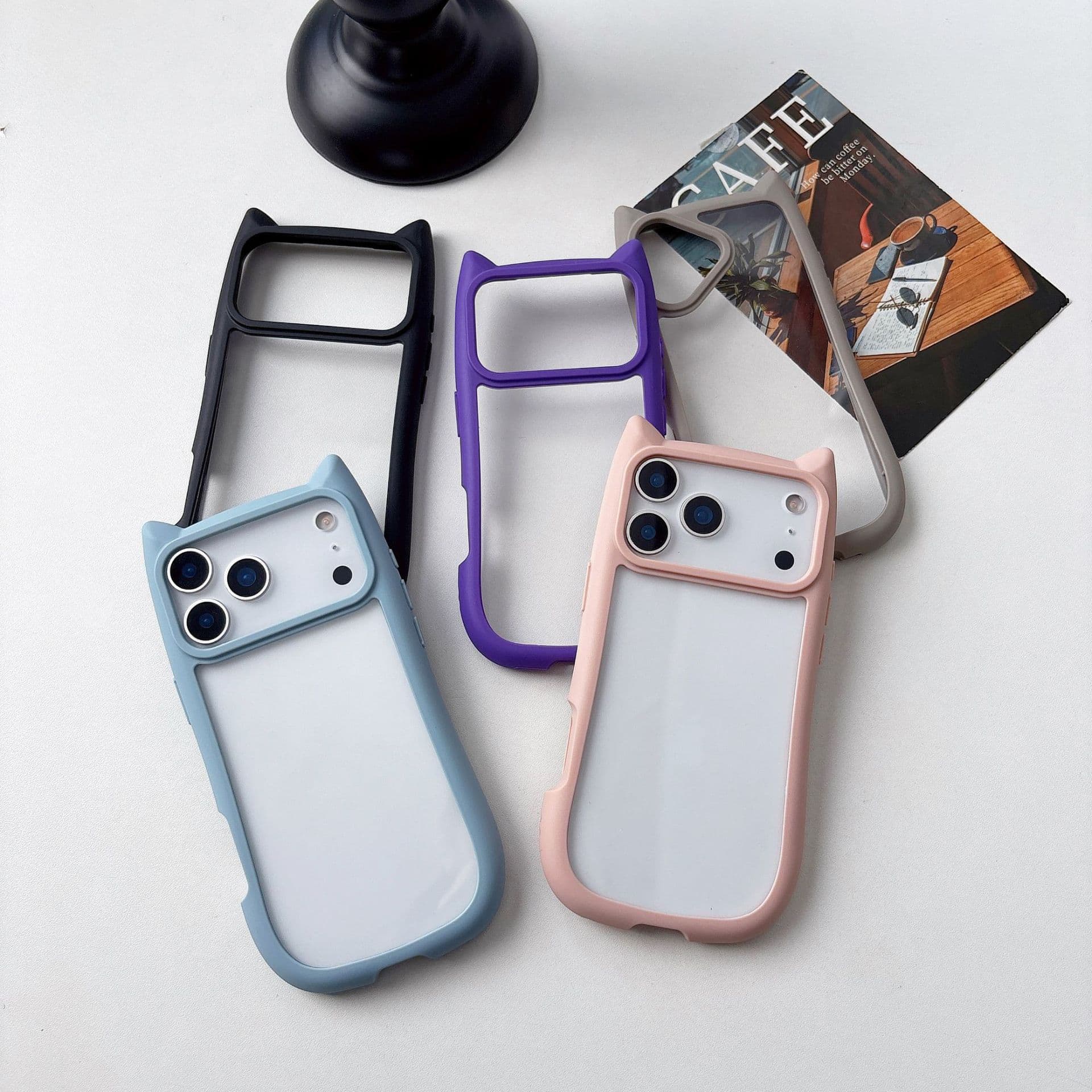 Round cat ear back suitable for Apple 17 new mobile phone case 12/13 PRO groove 14 color edge PC transparent case 15