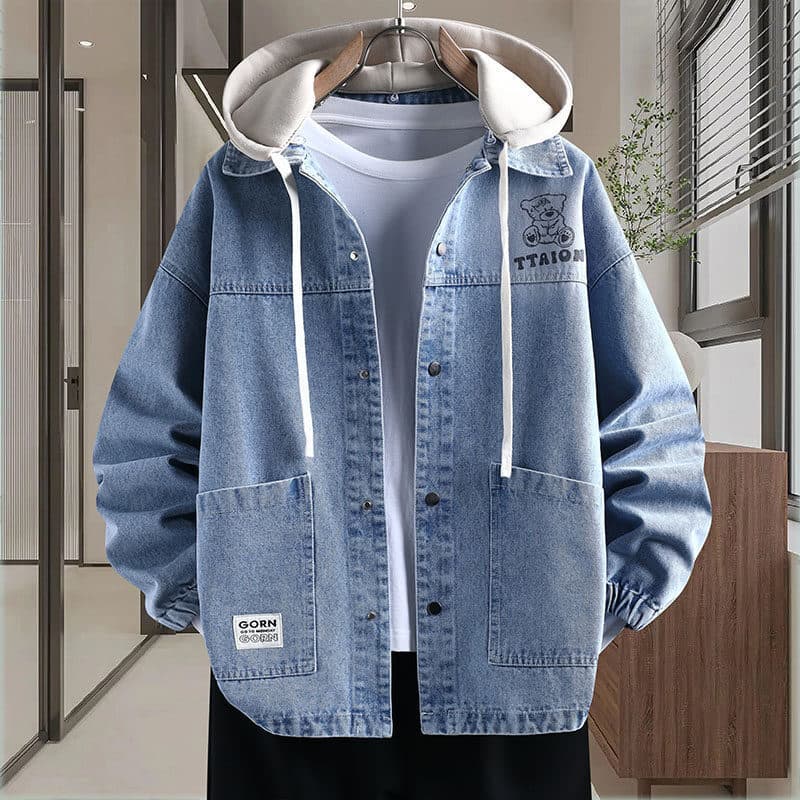 Teenage washed denim jacket men's spring and autumn junior high school student trendy hooded coat loose casual jacket
