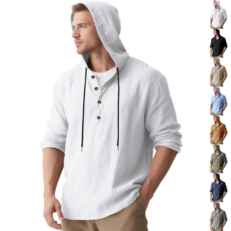 Cross-border New Arrival for Europe and America Spring Autumn Men's Long Sleeve Linen Shirt Hooded Casual Loose T-Shirt Sweatshirt for Men