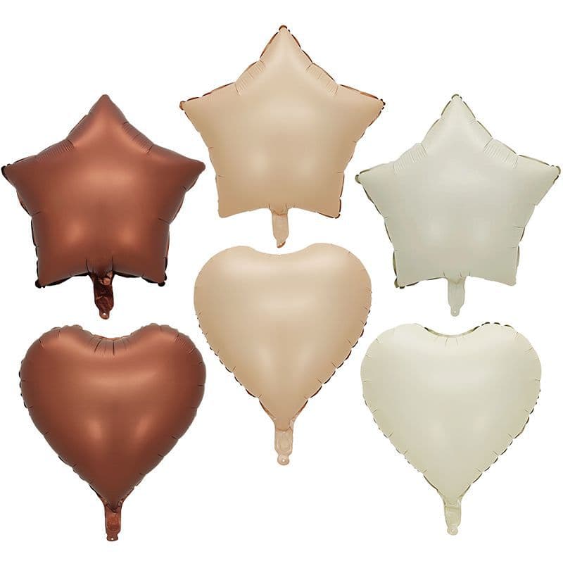 New 18-inch Milk White, Coffee Caramel Color Heart and Five-Point Star Aluminum Film Balloons Retro Color Scheme Birthday Party Decoration