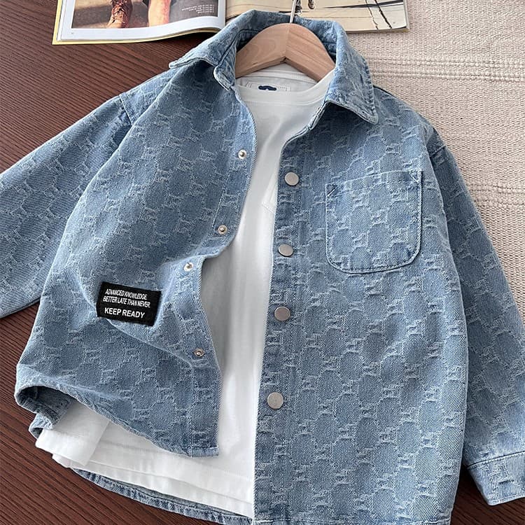 Genius Whale Boys' Spring Wear Denim Shirt Jacket New Arrival Top, Children's Medium/Large Kids Korean-style Shirt Outerwear Versatile