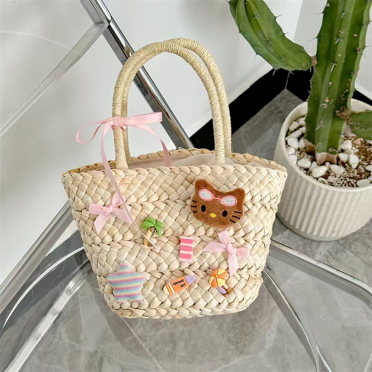 Korean-style Hello Kitty Gift Corn Husk Handbag Cute Black Leather KT Cat Basket Weave Bag Straw Bag