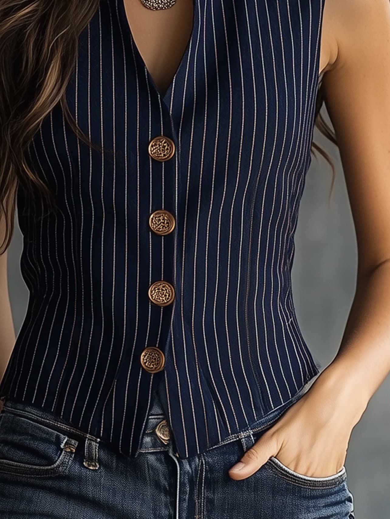 Cross-border Women's Fashion 2026 Summer New European and American Retro Henley Neck Sleeveless Striped Vest