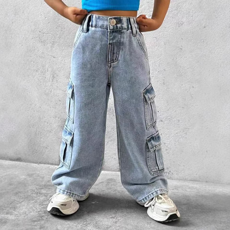 European and American Girls Korean Retro Multi-Pocket Denim Straight Leg Pants Children's Loose Casual Washed Work Pants
