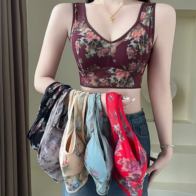 2024 Middle-Aged and Elderly Women's Seamless Bra with Fixed Cups, Underwire-Free Printed Plus Size Camisole