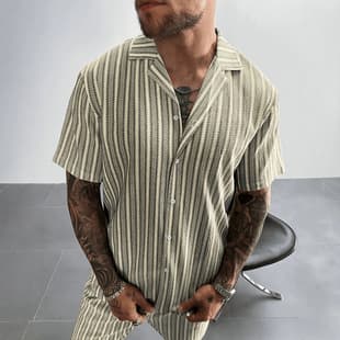 2026 New Cross-Border European and American Casual Sport Style Men's Striped Button-Down Shirt and Shorts Beach Vacation Two-Piece Set
