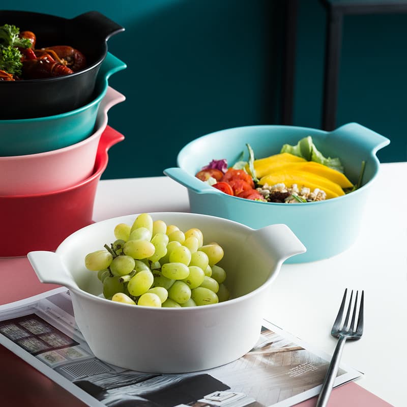Round Salad Bowl with Handles, Soup Bowl, Noodle Bowl, Hotel Restaurant Ceramic Tableware Logo Wholesale Double-Ear Bowl