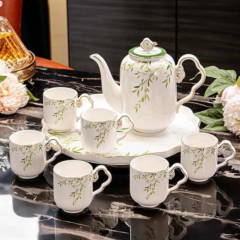 New Chinese style willow leaf moving-in tea set, high-end auspicious clouds, light luxury for guests, high aesthetic living room home ceramic water set