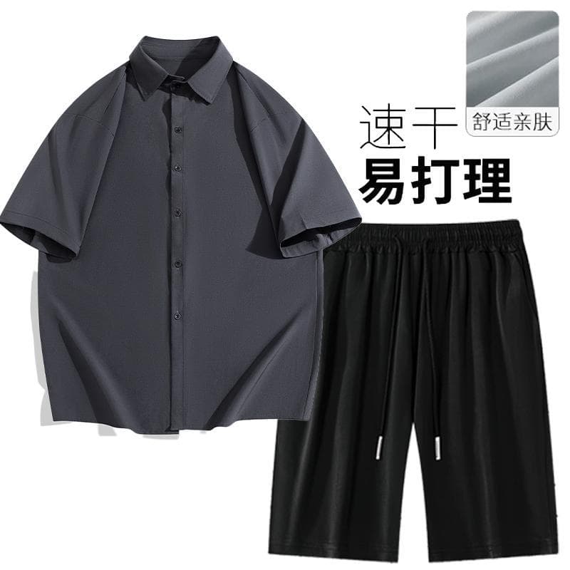 Stylish Casual Shirt Ice Silk Set Summer Sporty Handsome Loose Short Sleeve Shorts Cool Two-Piece Set