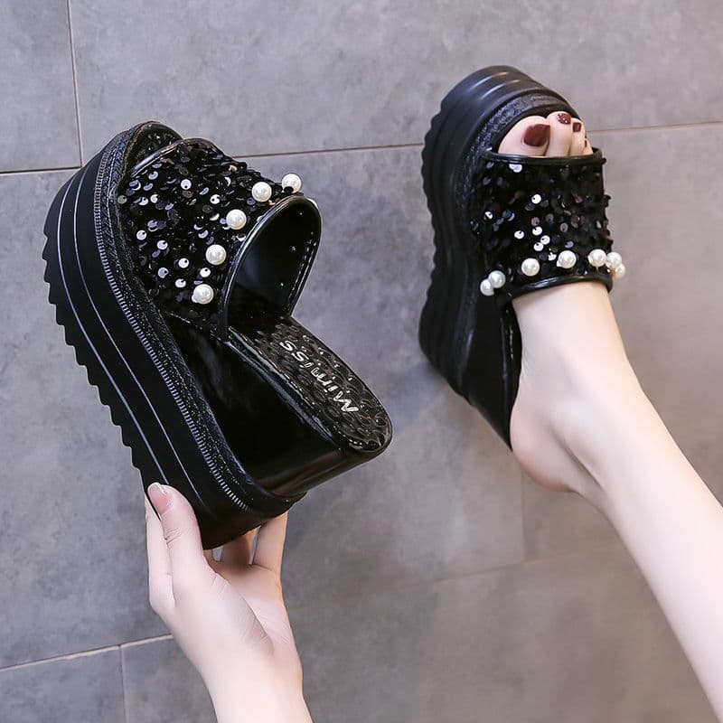 Fashion Ultra-High Heel Waterproof Platform Thick-Soled Slippers for Women with Sequins Fish Mouth Small Height Increase Versatile Sandals