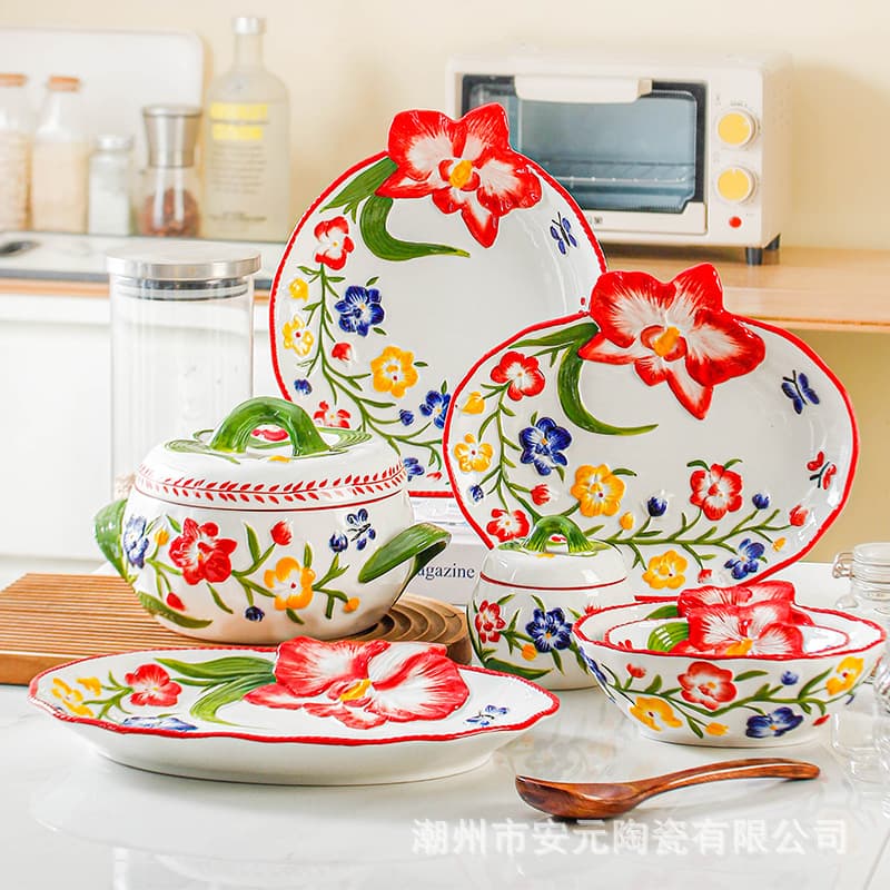 Underglaze High-temperature Ceramic Relief Tableware Set, High-value Plates, Creative Japanese-style Salad and Noodle Bowls for Home