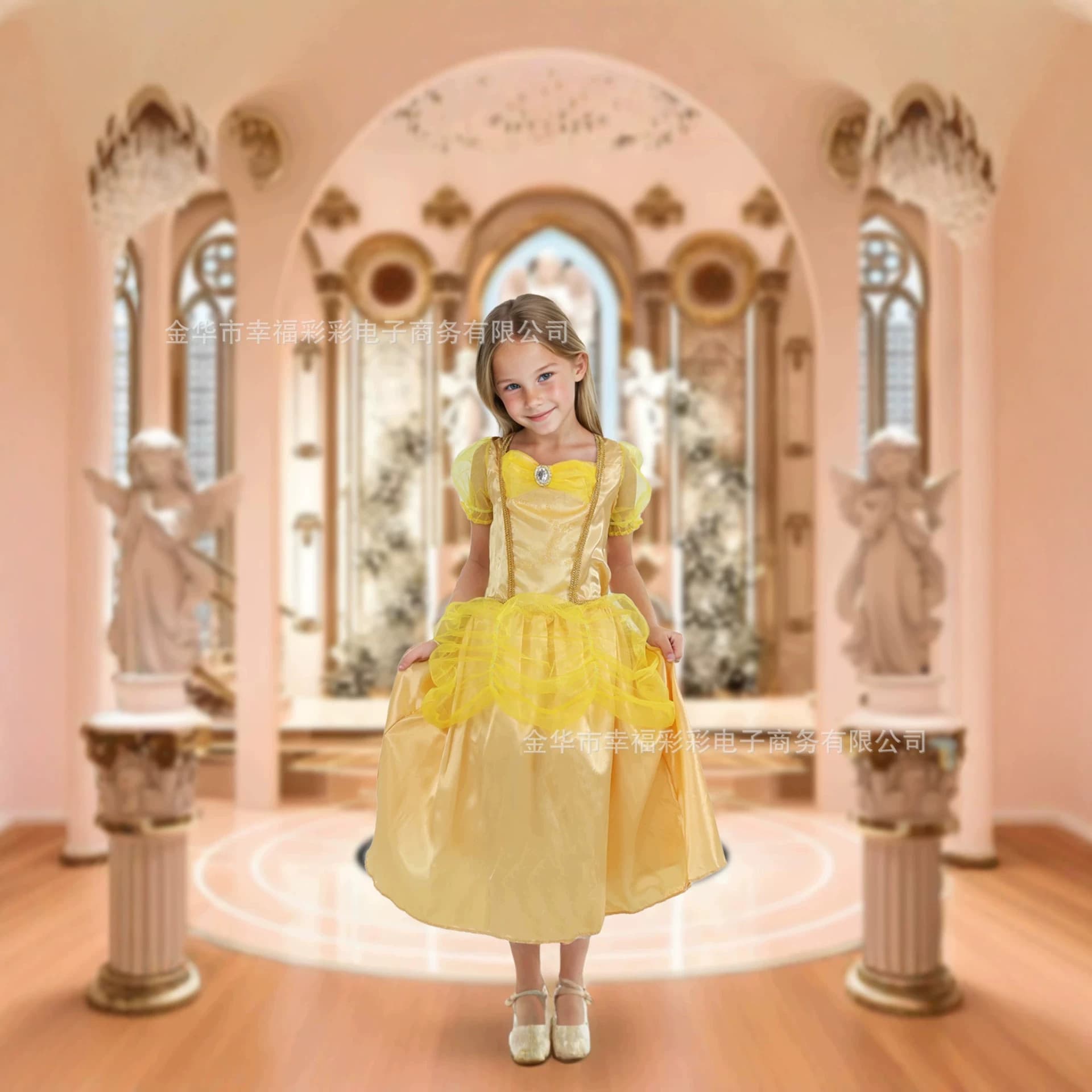 Children's Yellow Princess Dress, Belle-Style Puff Sleeve Tutu Dress, Girls' Cosplay Party Costume