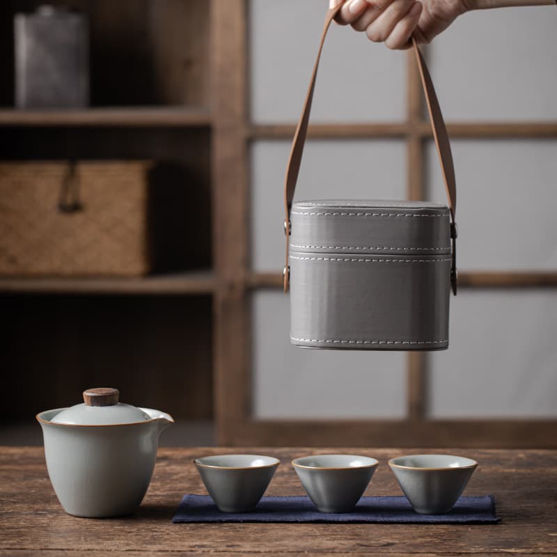 Ru Kiln Travel Tea Set, Outdoor Portable One Pot and Three Cups Gongfu Brewing Quick Cup, Complete Souvenir Gift Set