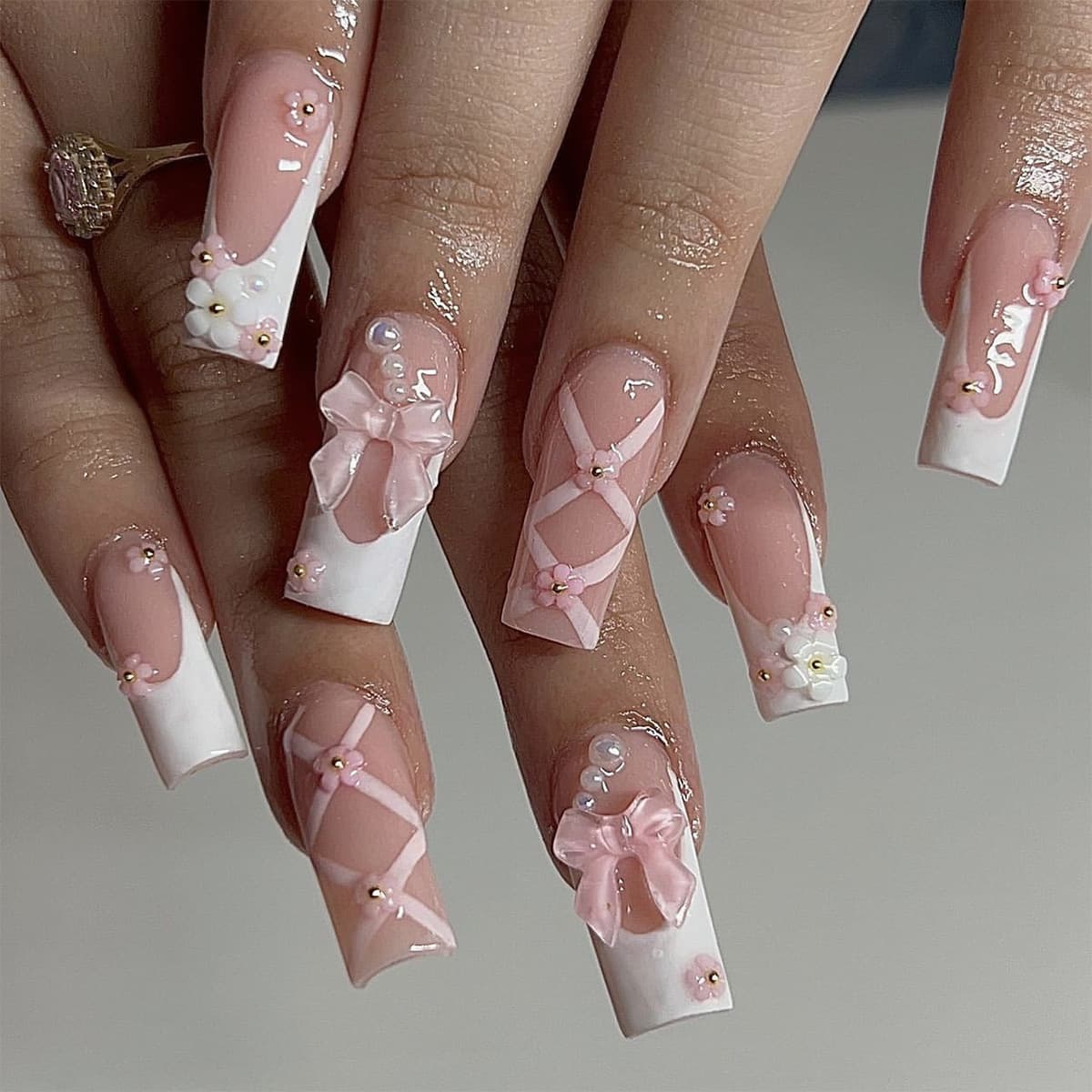 Pink Cute Bow Wearable False Nails Removable Nail Art Stickers Long Flower Nail Wraps Finished Product Wholesale
