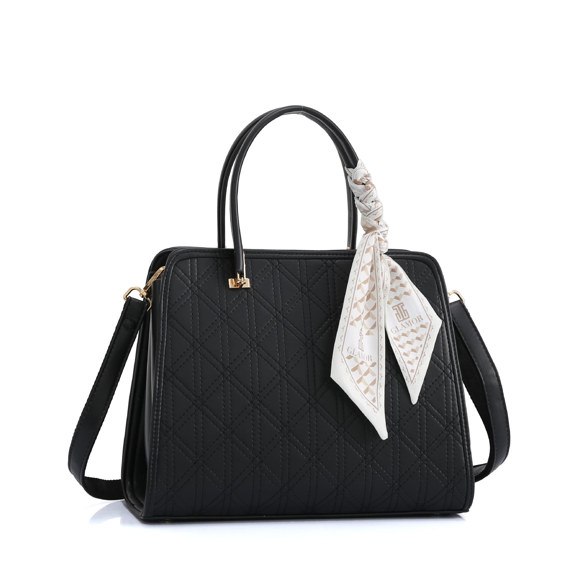 Women's New Large Capacity Commuter Bag with Silk Scarf, Twill Diamond Pattern