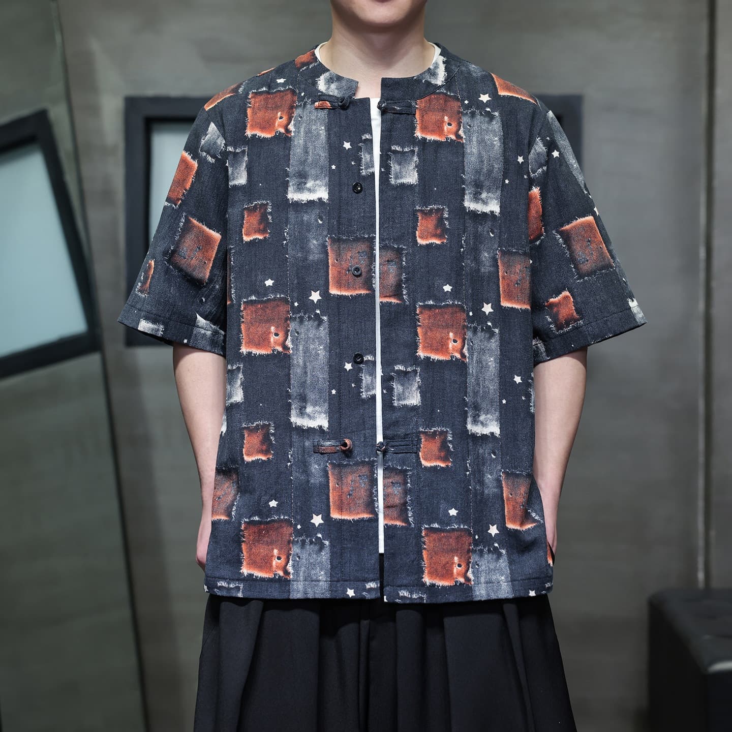 Chinese-style round-collar Tang suit men's niche design digital print short-sleeve shirt plus-size loose trendy brand shirt