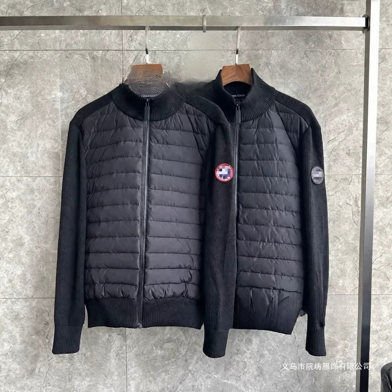 In Stock Premium Canada Goose Style Stand Collar Knit Patchwork Cardigan Jacket for Men, Fashionable Lightweight Down Jacket with Mixed Panels