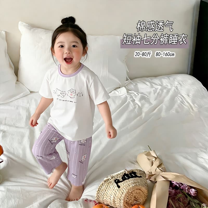 Summer 80-160cm Children's Soft Cotton Cool and Breathable Pajamas, 3-15 Years Old Boys Short Sleeve and Cropped Pants Homewear