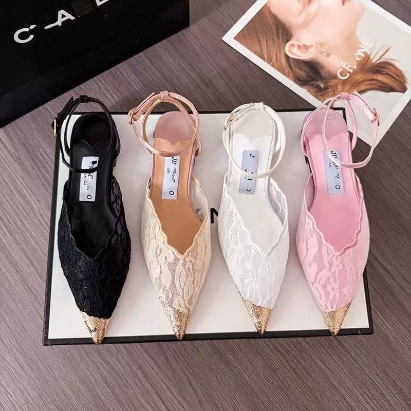 JC Home 2026 Spring/Summer New Trendy High-End European-American Style Lace Women's Open Back Pointed Flat Sandals