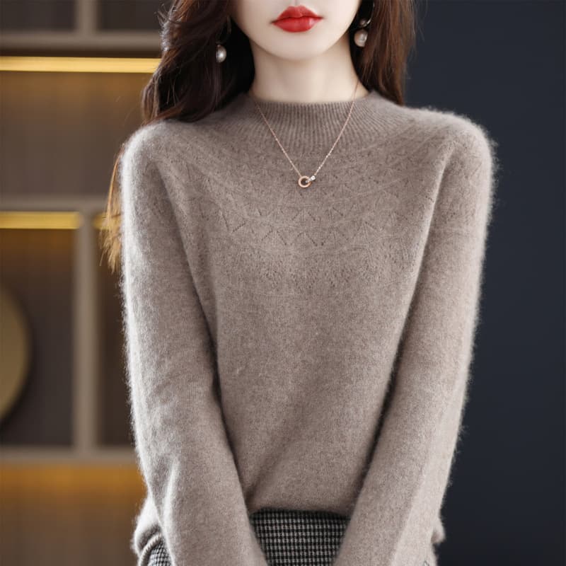 Seamless Pure Wool One-Piece Knitwear 2025 Autumn/Winter New Women's Semi-High Neck Hollow-Out Short Base Layer Knitted Sweater