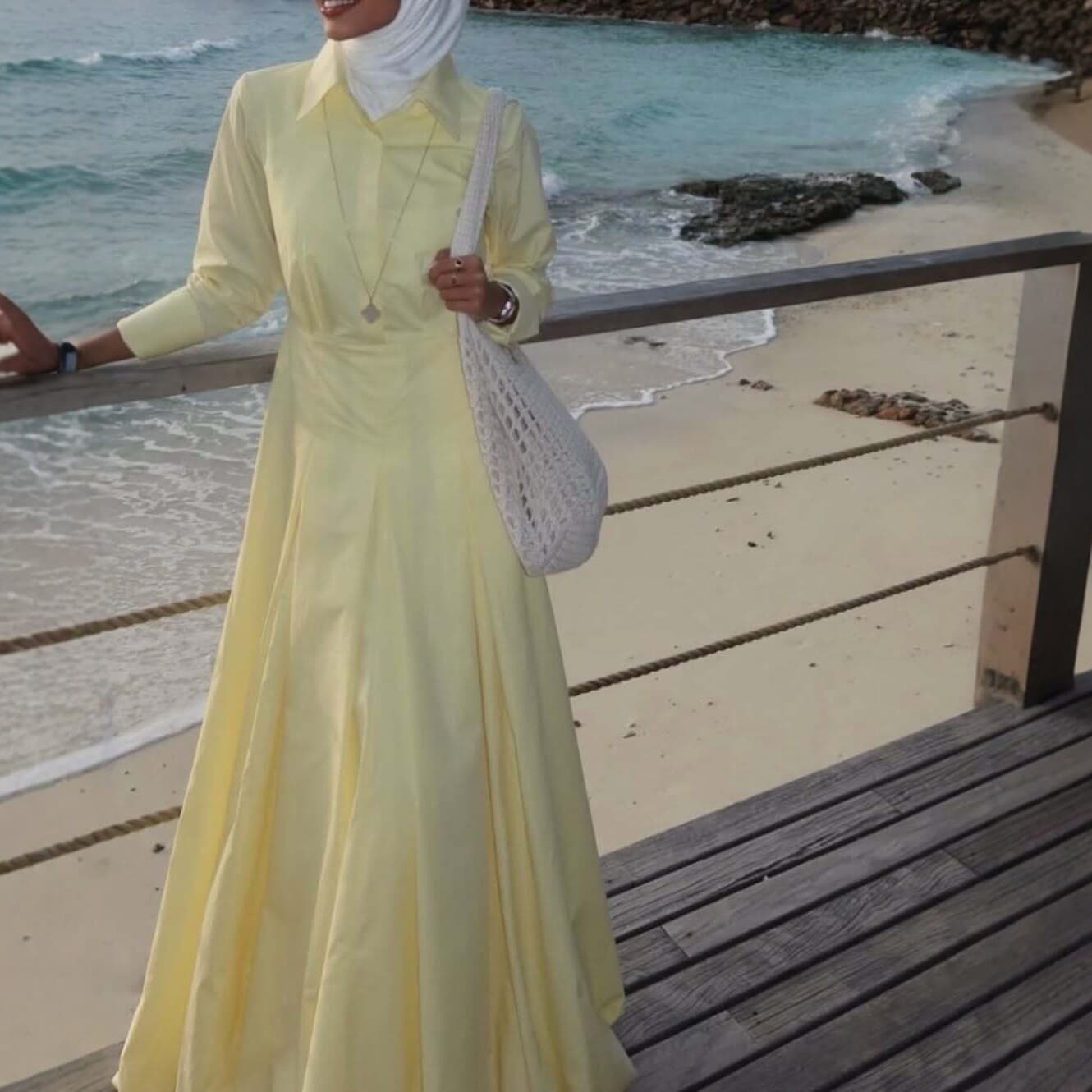 2026 Cross-Border French-Style Yellow Shirt with a Stylish Design, Long-Sleeve Elegant Slim-Fit Long Skirt for Women, Suitable for Beach Wear