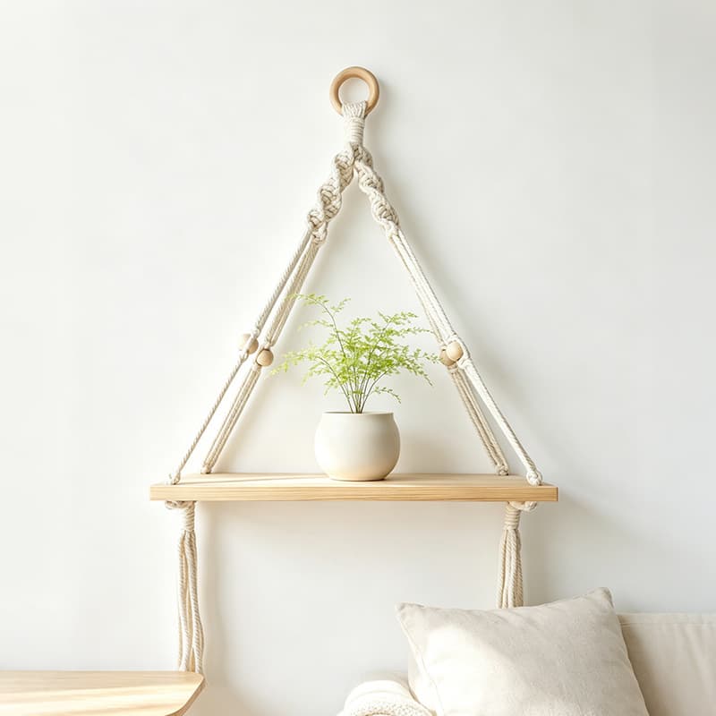 Nordic Style Cotton Rope Hanging Wooden Shelf, No-Drill Wall Mount Rack, Nursery Soft Decor Storage Shelf