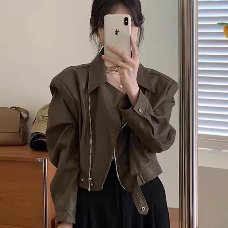 Retro pu leather jacket women's new spring and autumn small fashionable and versatile slim motorcycle leather short jacket top