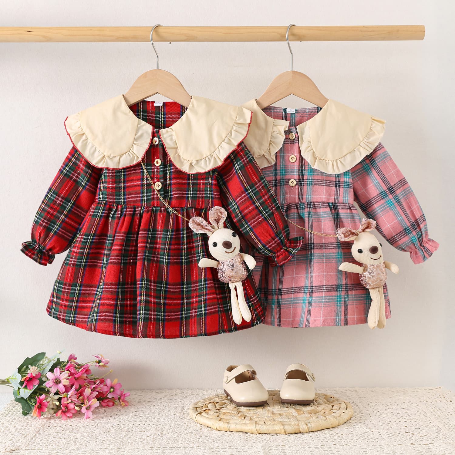 1315 Children's Clothing Wholesale Spring and Autumn Girls' Long-Sleeved Plaid Shirt Base Layer Girls' Skirt with Rabbit Pendant