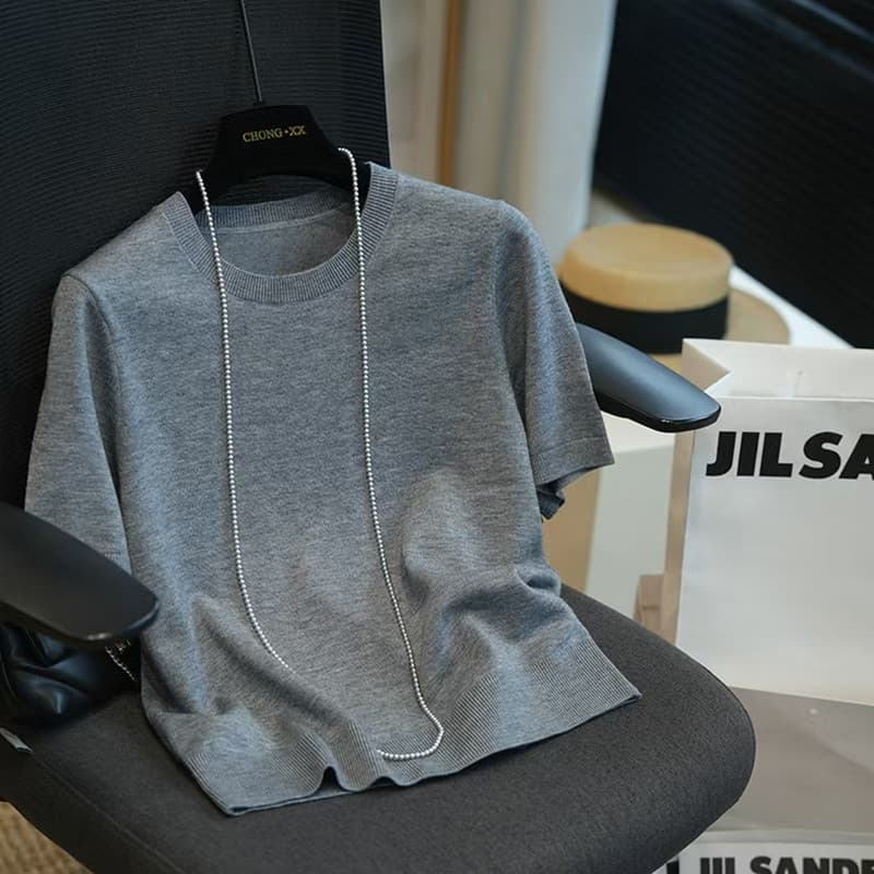 High-end worsted wool and mulberry silk thin short-sleeved sweater for women in summer loose and versatile round neck half-sleeved T-shirt