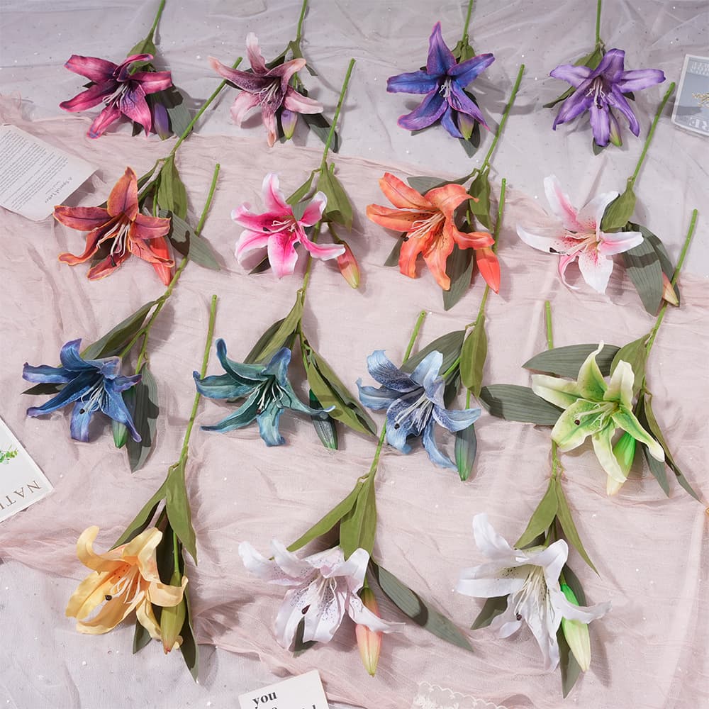 Artificial Giant Lily 3D Printed Artificial Lily One Flower One Bud Fake Flower Wedding Home Decoration Floral Material for Cross-Border Trade