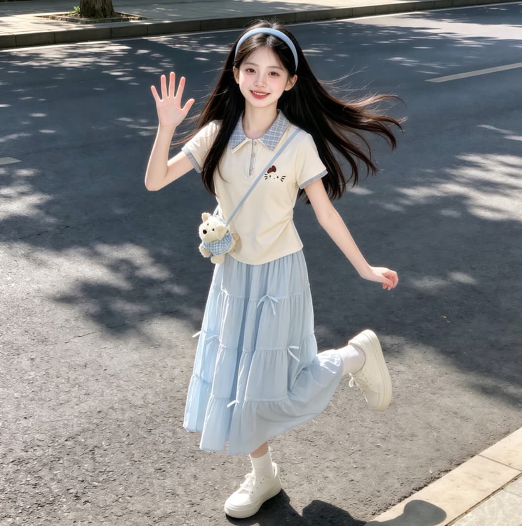 Girls dress suit summer 2026 big girl short-sleeved T-shirt summer skirt two-piece thin suit