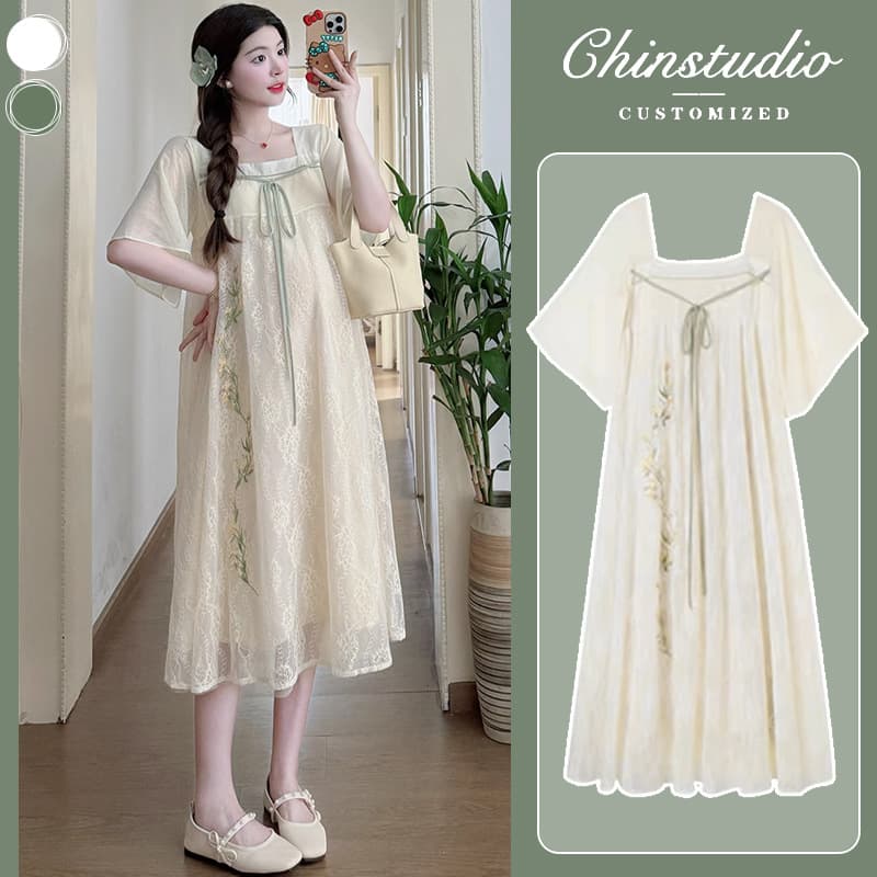 Maternity Summer 2024 New Dress, New Chinese Style Pregnant Mother Embroidered Summer Short-Sleeved Plus Size Skirt Suit