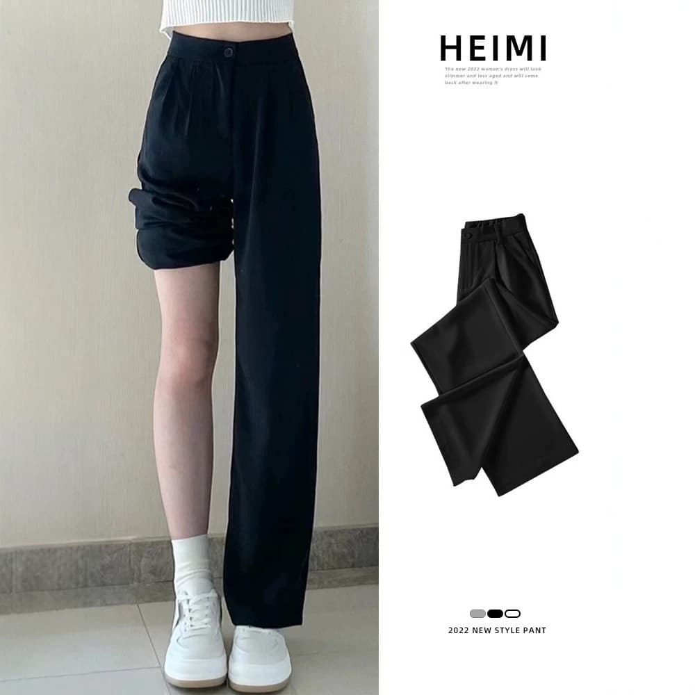 Black suit trousers for women in summer, thin, high-waisted, slim and drapey, floor-length casual trousers, straight-leg loose wide-leg trousers