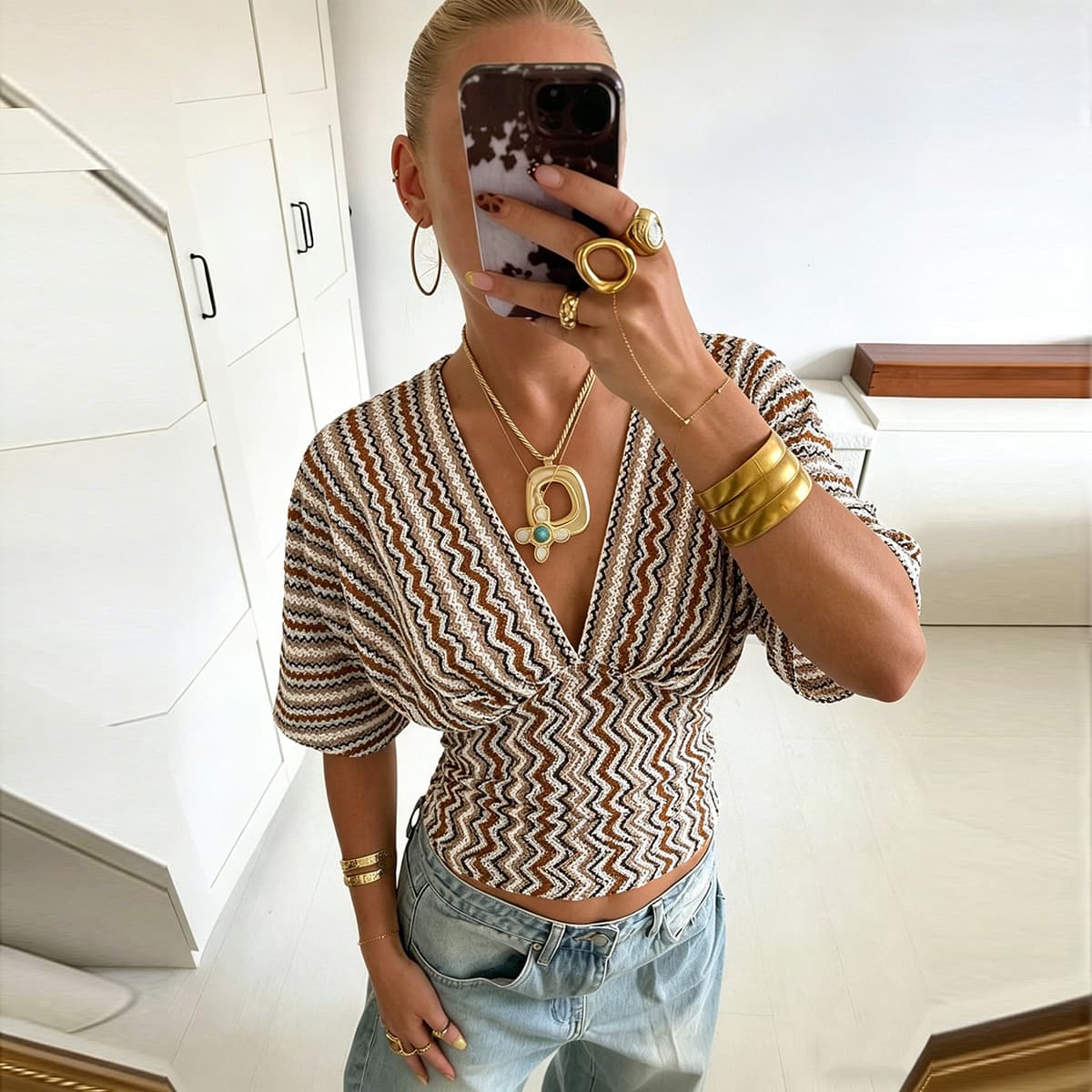 42474TBC Cross-border 2026 Summer Short Sleeve New European and American Retro Striped V-Neck Slim Fit Shirt