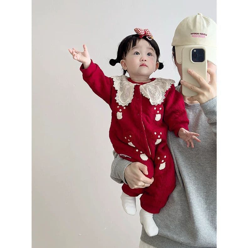 1-Year-Old Baby Girl Dress Winter Onesie Fleece-Lined Romper Infant Winter Clothing Thick Warm Fall/Winter Bodysuit