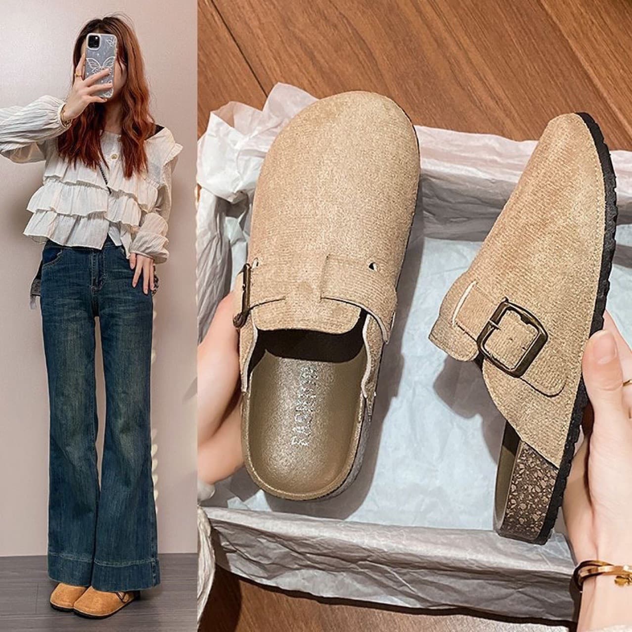2025 Spring New Indoor Outdoor Flat Slippers Women Retro Cork Lazy One-Step Covered Toe Slippers Women