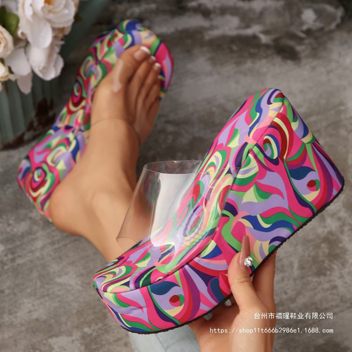 Cross-border Colorful European and American Wedge Sandals for Women 2025 Summer Large Size One-Strap Thick-Soled Peep-Toe Slippers Size 43