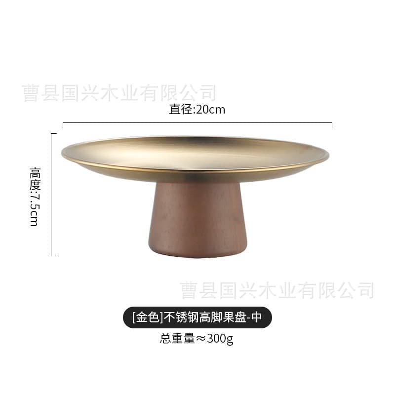 Acacia Wood Tray with Stainless Steel Fruit Plate, High-Footed Tea Tray, Snack Stand, Cake Plate, Solid Wood Candy Dish