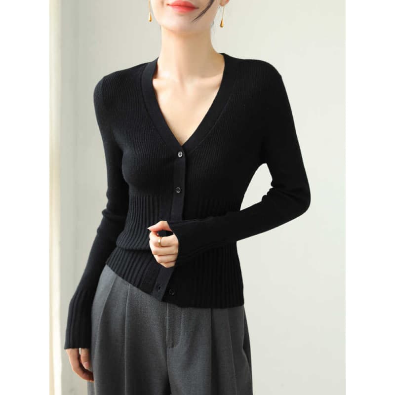 Black versatile V-neck vertical pit strip wool slim-fitting knitted cardigan for women in spring and autumn long-sleeved sweater jacket with high-end feel