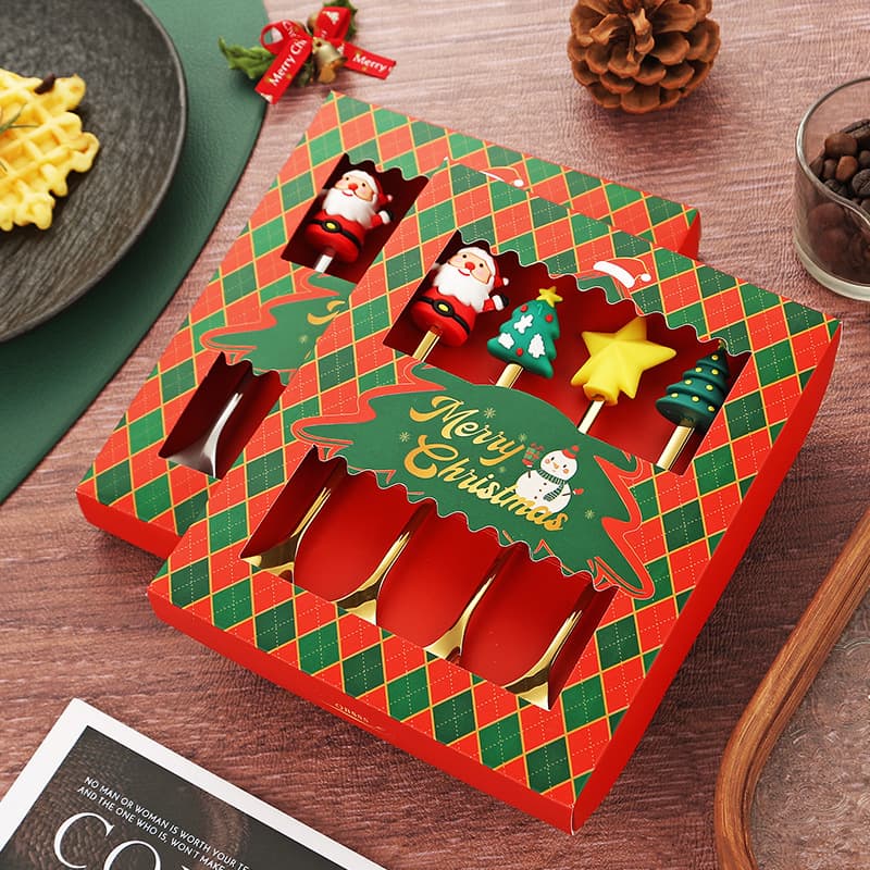 Cross-border Stainless Steel Cutlery Christmas Spoon and Fork Gift Box Creative Coffee Spoon Set Silicone Fruit Fork and Spoon 4-Piece Set