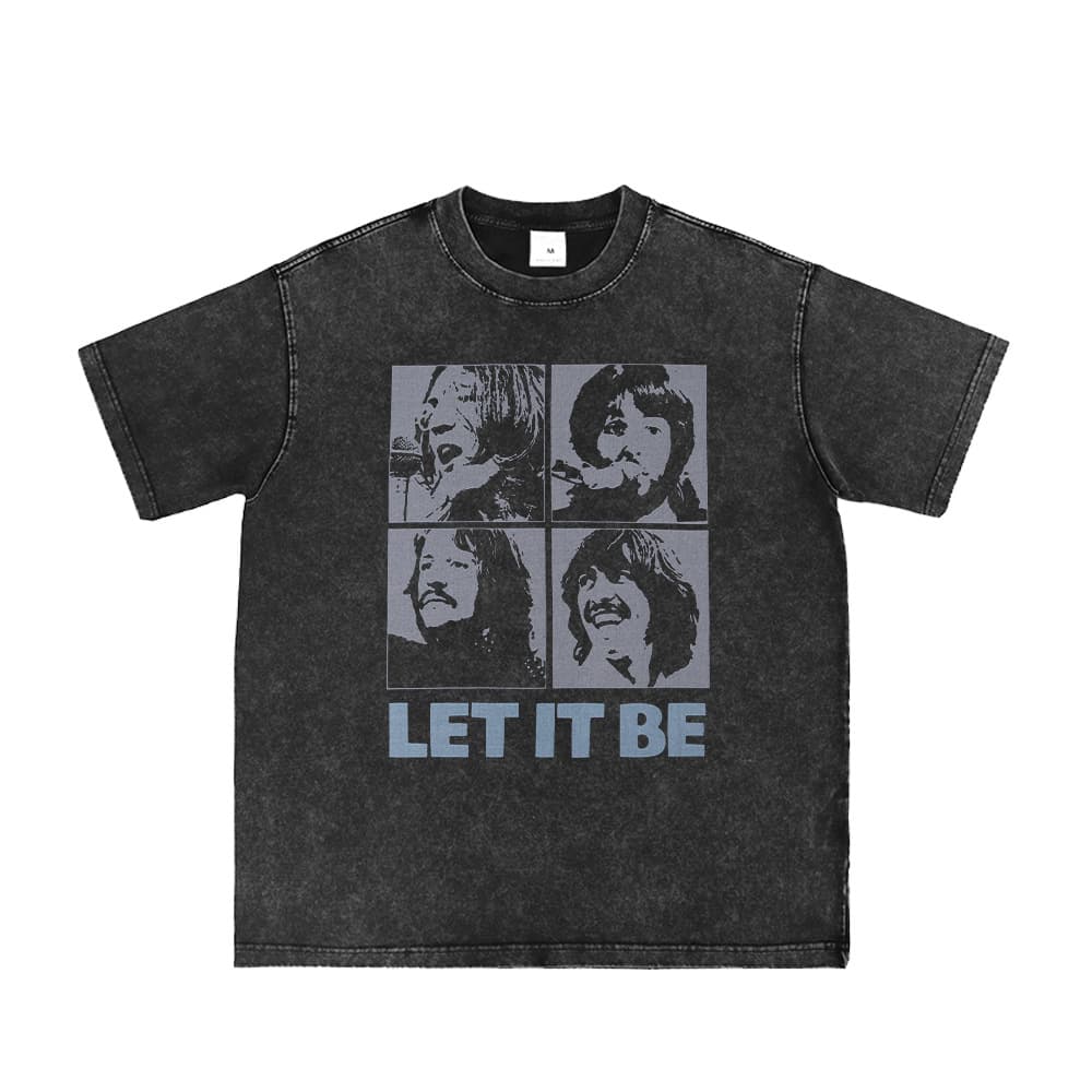 THE BEATLES Direct Spray Wash Distressed Beatles Retro Gray American Street Rock Long and Short Sleeve T-Shirt