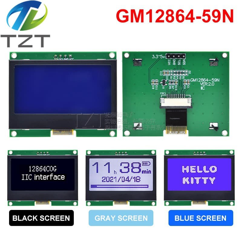 12864 Dot Matrix Screen 12864 COG Display 12864 Module I2C Interface with Metal Frame GM12864-59N
