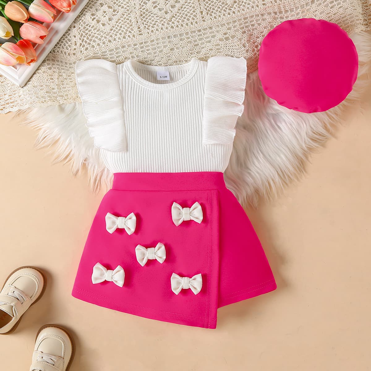 Cross-border Foreign Trade Europe and America Summer New Girls' Set Girls' Lace Sleeves + Bow Short Skirt Beret Set