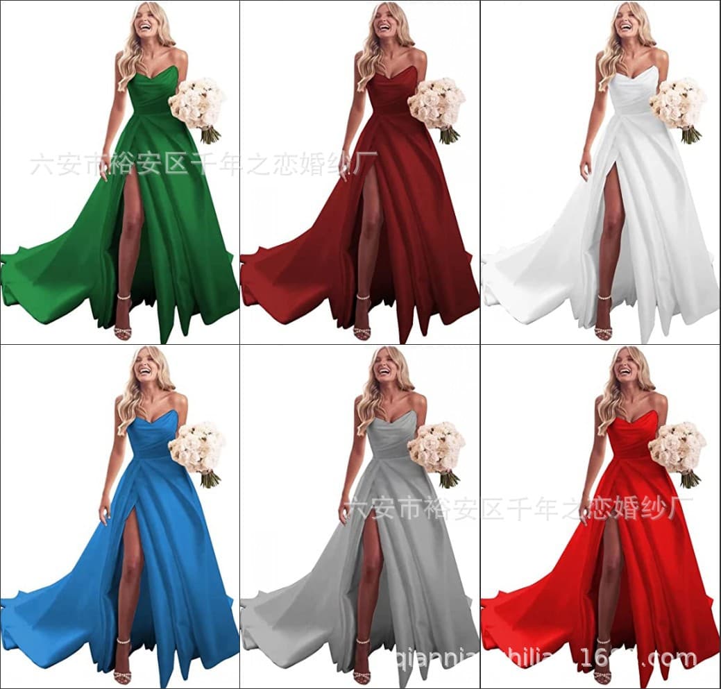 2026 Women's Strapless Prom Dress Satin Ball Gown Simple Bridal Wedding Dress Long Split Toasting Dress