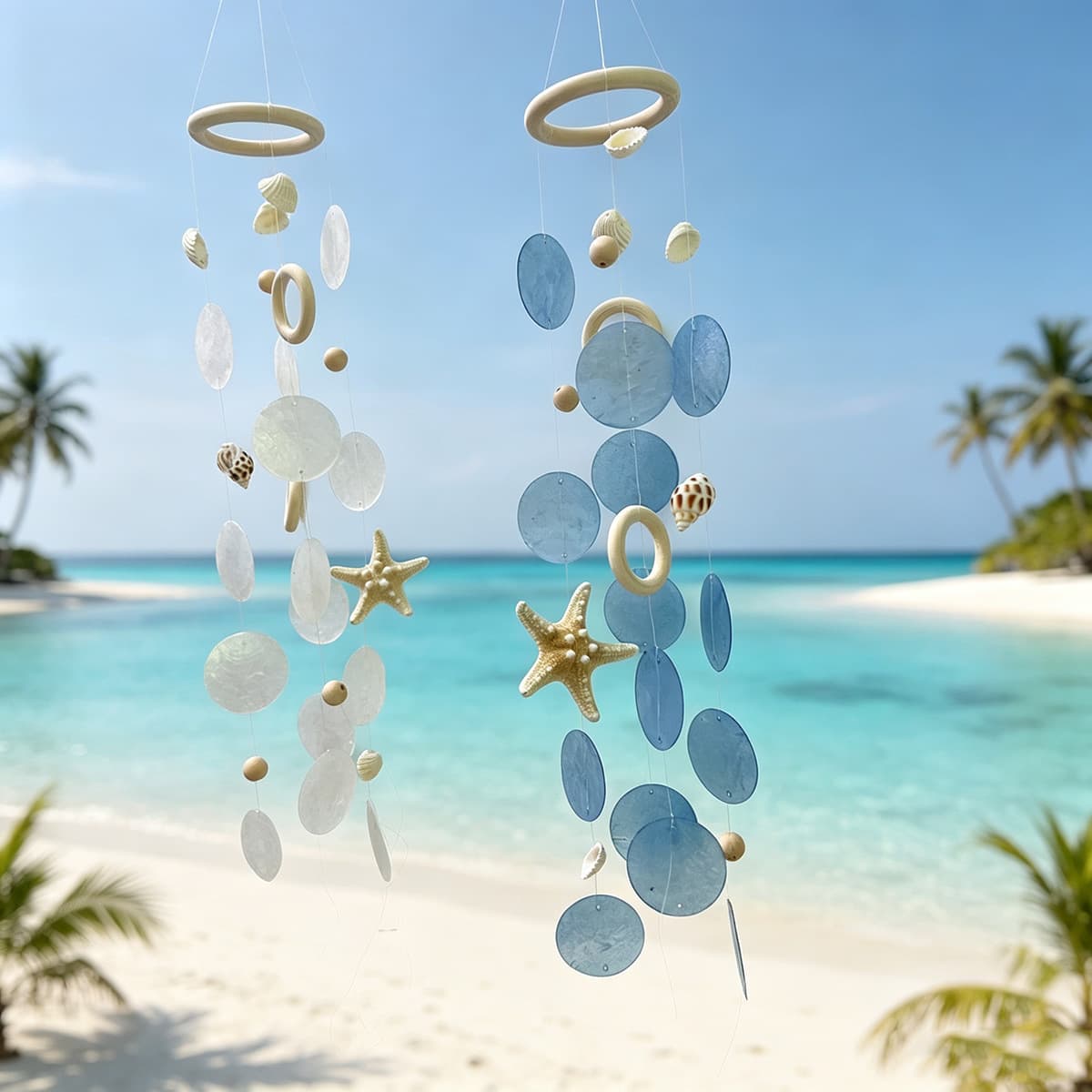 Natural starfish shell wind chime, beach holiday atmosphere hanging decoration, healing gift wind chime for entrance door and window