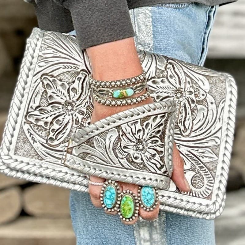 Dance of Silver Flowers Western Style Handbag Retro Style PU Silver Embossed Large Capacity Banquet Bag European and American Clutch Bag