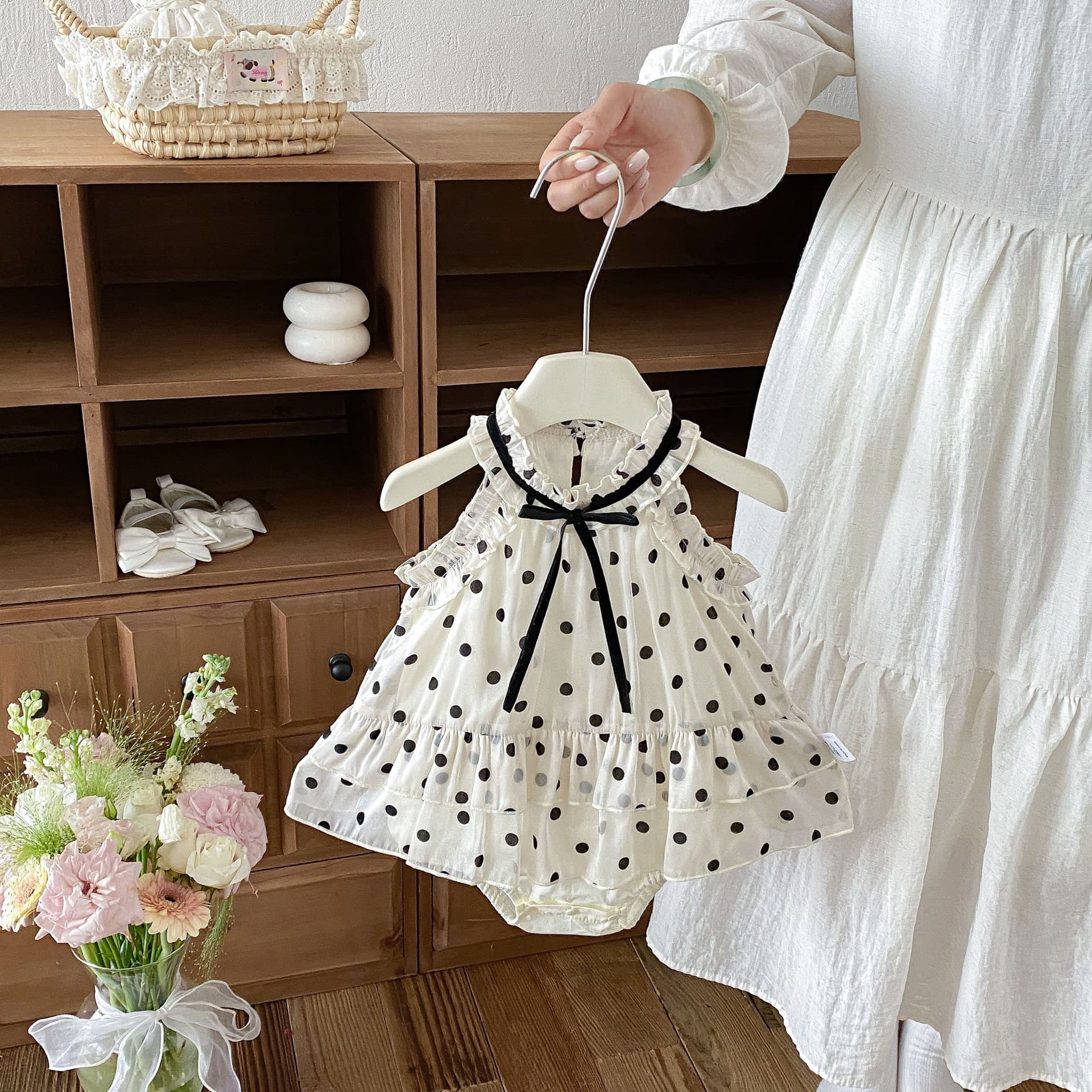 Korean Style Baby Girl Summer Outfit, Infant Romper Princess Polka Dot Strapless Dress, Newborn Bodysuit Thin Summer