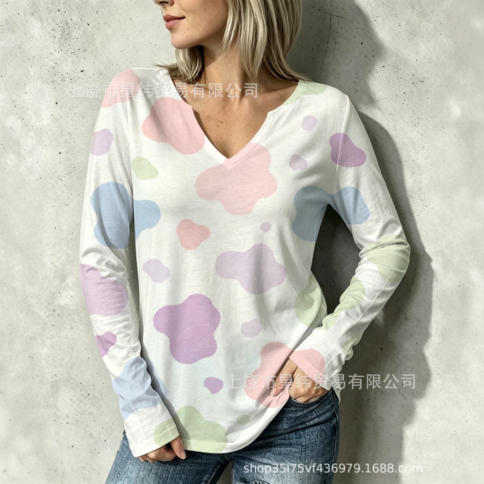 26 European and American cross-border multi-print V-neck long-sleeved bottoming shirt for women leopard stripe loose pullover top source factory