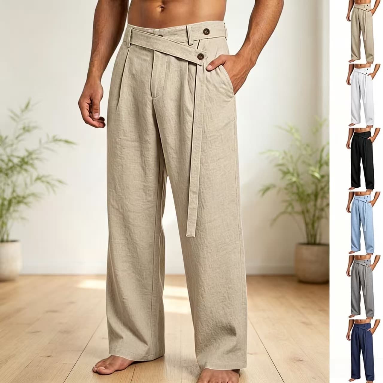 New Export Style Cross-Border Men's Summer Pants, Premium Loose-Fit Solid Color Straight-Leg Linen Trousers, Men's Clothing in Stock